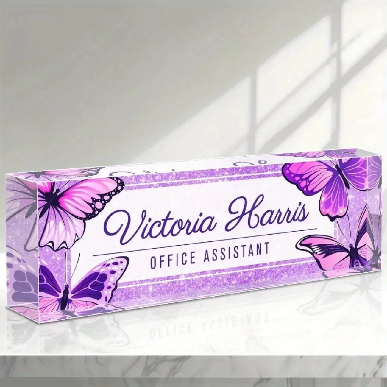Desk Name Plate - Custom Text Purple Butterfly Acrylic Desk